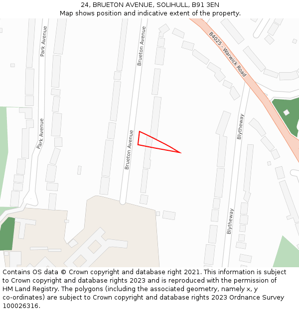 24, BRUETON AVENUE, SOLIHULL, B91 3EN: Location map and indicative extent of plot