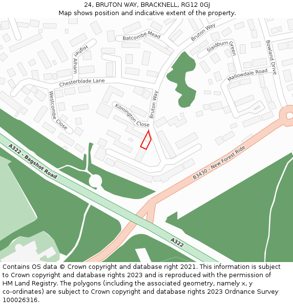 24, BRUTON WAY, BRACKNELL, RG12 0GJ: Location map and indicative extent of plot