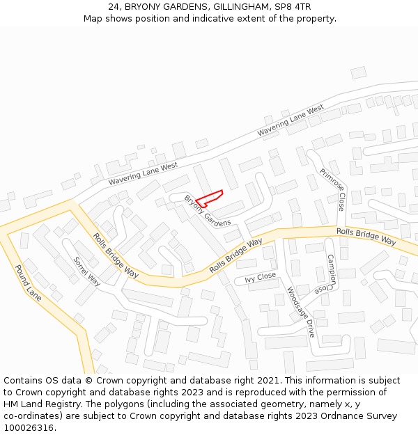 24, BRYONY GARDENS, GILLINGHAM, SP8 4TR: Location map and indicative extent of plot