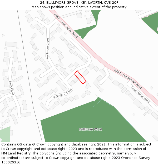 24, BULLIMORE GROVE, KENILWORTH, CV8 2QF: Location map and indicative extent of plot