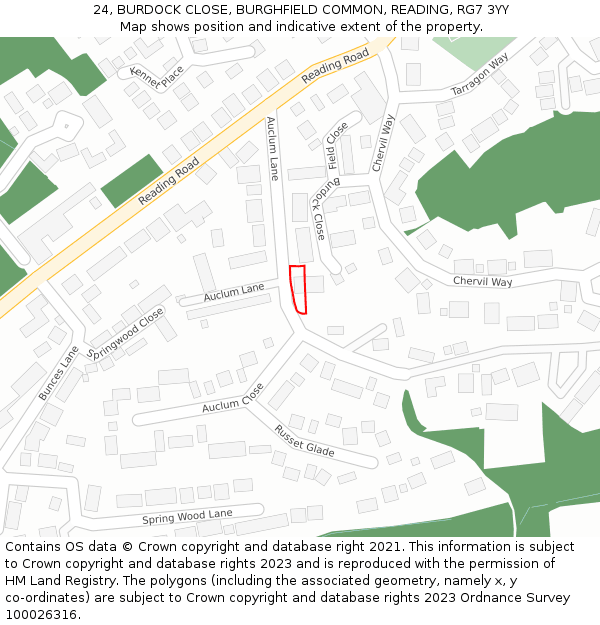 24, BURDOCK CLOSE, BURGHFIELD COMMON, READING, RG7 3YY: Location map and indicative extent of plot