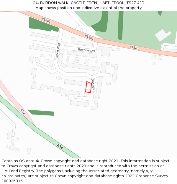 24, BURDON WALK, CASTLE EDEN, HARTLEPOOL, TS27 4FD: Location map and indicative extent of plot