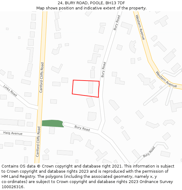 24, BURY ROAD, POOLE, BH13 7DF: Location map and indicative extent of plot
