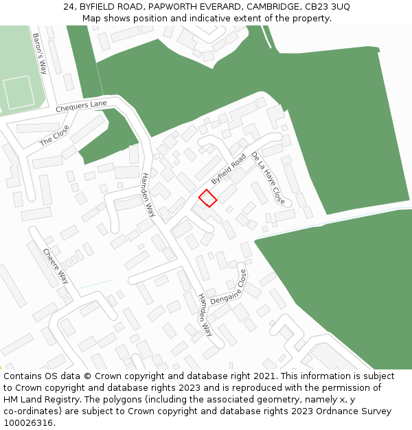24, BYFIELD ROAD, PAPWORTH EVERARD, CAMBRIDGE, CB23 3UQ: Location map and indicative extent of plot