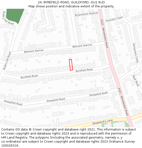 24, BYREFIELD ROAD, GUILDFORD, GU2 9UD: Location map and indicative extent of plot