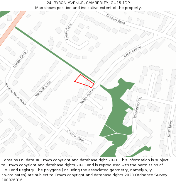 24, BYRON AVENUE, CAMBERLEY, GU15 1DP: Location map and indicative extent of plot