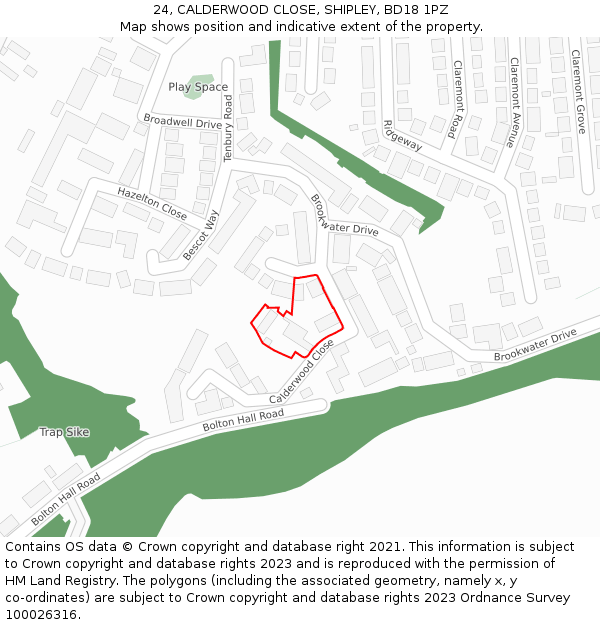 24, CALDERWOOD CLOSE, SHIPLEY, BD18 1PZ: Location map and indicative extent of plot