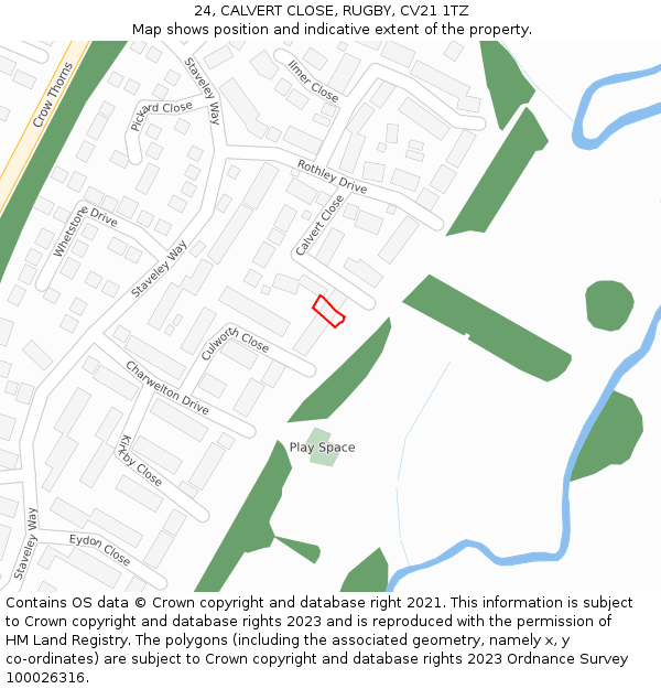 24, CALVERT CLOSE, RUGBY, CV21 1TZ: Location map and indicative extent of plot