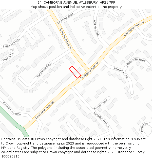 24, CAMBORNE AVENUE, AYLESBURY, HP21 7PF: Location map and indicative extent of plot