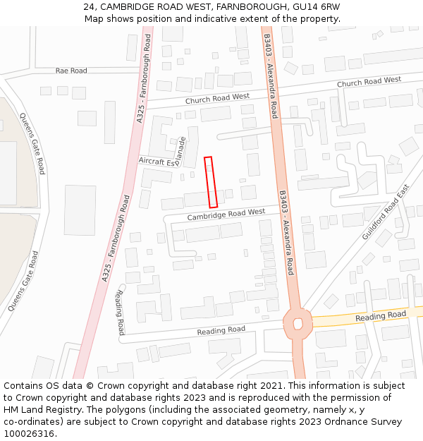 24, CAMBRIDGE ROAD WEST, FARNBOROUGH, GU14 6RW: Location map and indicative extent of plot