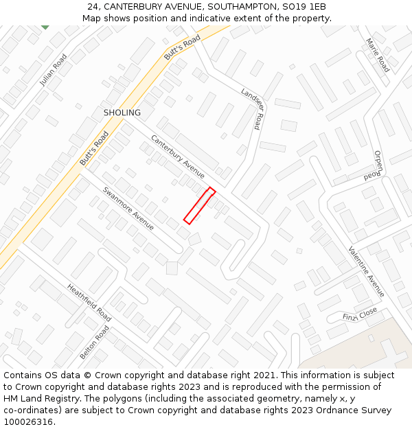 24, CANTERBURY AVENUE, SOUTHAMPTON, SO19 1EB: Location map and indicative extent of plot