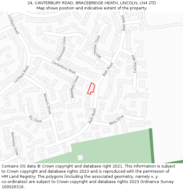 24, CANTERBURY ROAD, BRACEBRIDGE HEATH, LINCOLN, LN4 2TD: Location map and indicative extent of plot