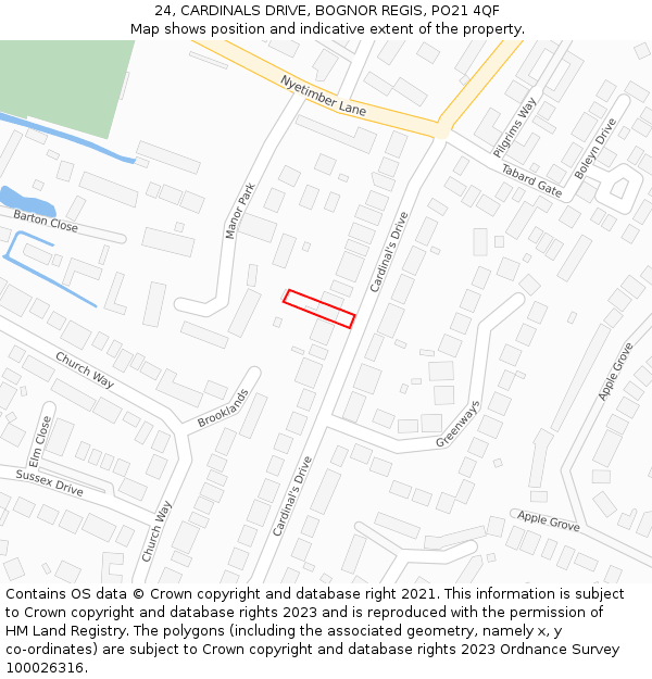 24, CARDINALS DRIVE, BOGNOR REGIS, PO21 4QF: Location map and indicative extent of plot