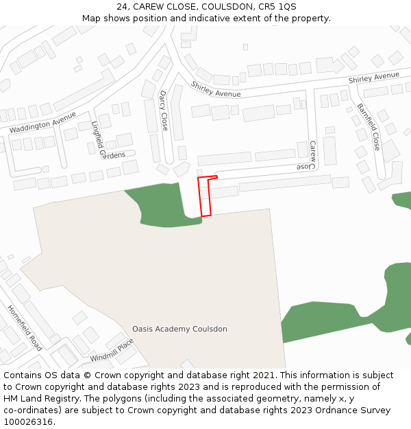 24, CAREW CLOSE, COULSDON, CR5 1QS: Location map and indicative extent of plot