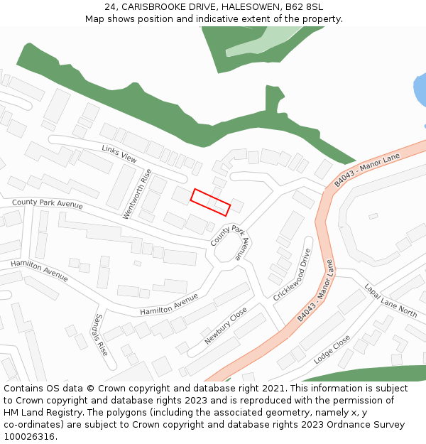 24, CARISBROOKE DRIVE, HALESOWEN, B62 8SL: Location map and indicative extent of plot