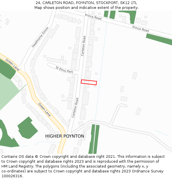 24, CARLETON ROAD, POYNTON, STOCKPORT, SK12 1TL: Location map and indicative extent of plot