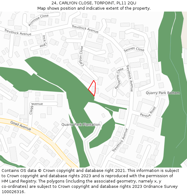 24, CARLYON CLOSE, TORPOINT, PL11 2QU: Location map and indicative extent of plot