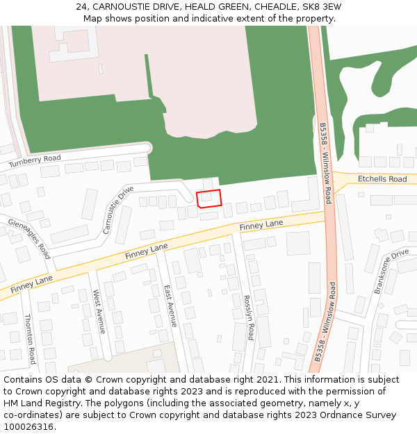 24, CARNOUSTIE DRIVE, HEALD GREEN, CHEADLE, SK8 3EW: Location map and indicative extent of plot