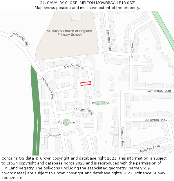 24, CAVALRY CLOSE, MELTON MOWBRAY, LE13 0SZ: Location map and indicative extent of plot