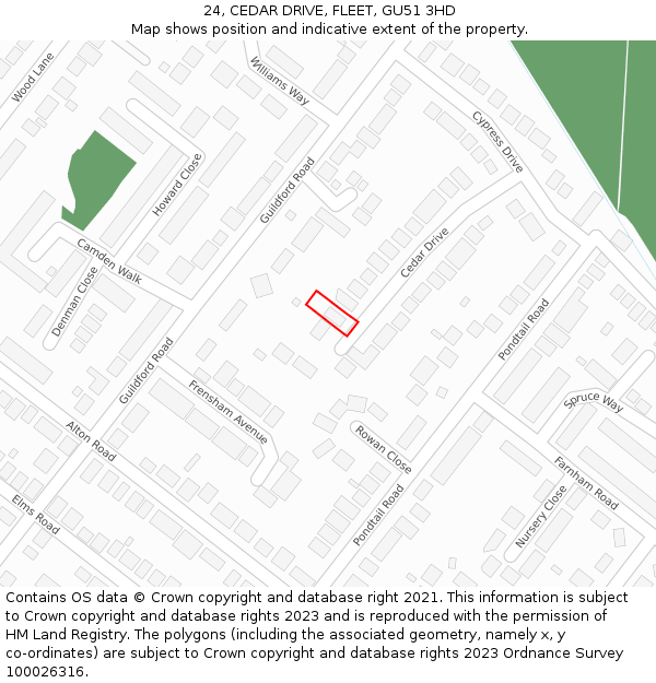 24, CEDAR DRIVE, FLEET, GU51 3HD: Location map and indicative extent of plot