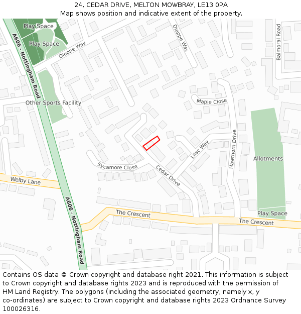 24, CEDAR DRIVE, MELTON MOWBRAY, LE13 0PA: Location map and indicative extent of plot