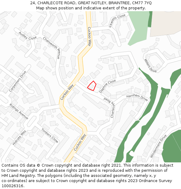 24, CHARLECOTE ROAD, GREAT NOTLEY, BRAINTREE, CM77 7YQ: Location map and indicative extent of plot