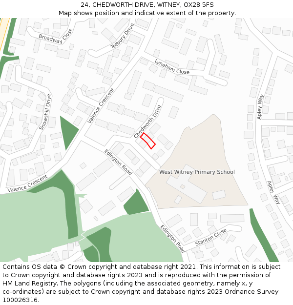 24, CHEDWORTH DRIVE, WITNEY, OX28 5FS: Location map and indicative extent of plot