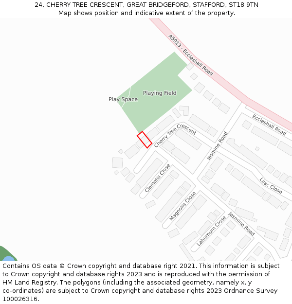 24, CHERRY TREE CRESCENT, GREAT BRIDGEFORD, STAFFORD, ST18 9TN: Location map and indicative extent of plot