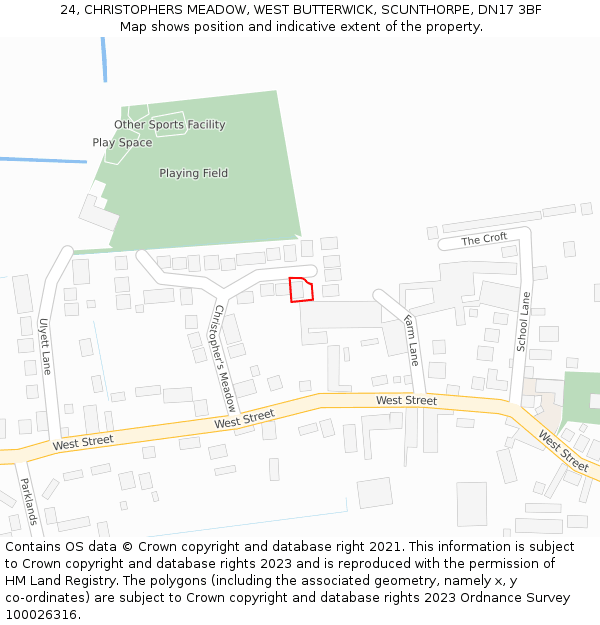 24, CHRISTOPHERS MEADOW, WEST BUTTERWICK, SCUNTHORPE, DN17 3BF: Location map and indicative extent of plot