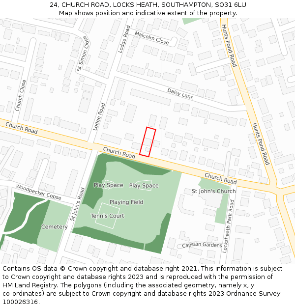 24, CHURCH ROAD, LOCKS HEATH, SOUTHAMPTON, SO31 6LU: Location map and indicative extent of plot