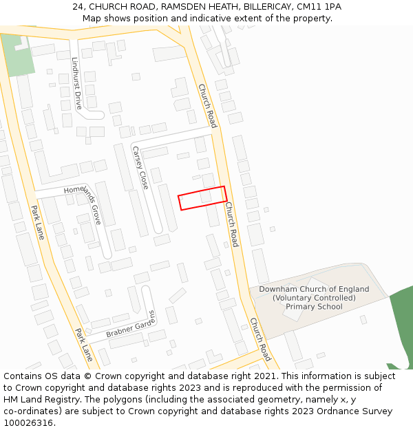 24, CHURCH ROAD, RAMSDEN HEATH, BILLERICAY, CM11 1PA: Location map and indicative extent of plot