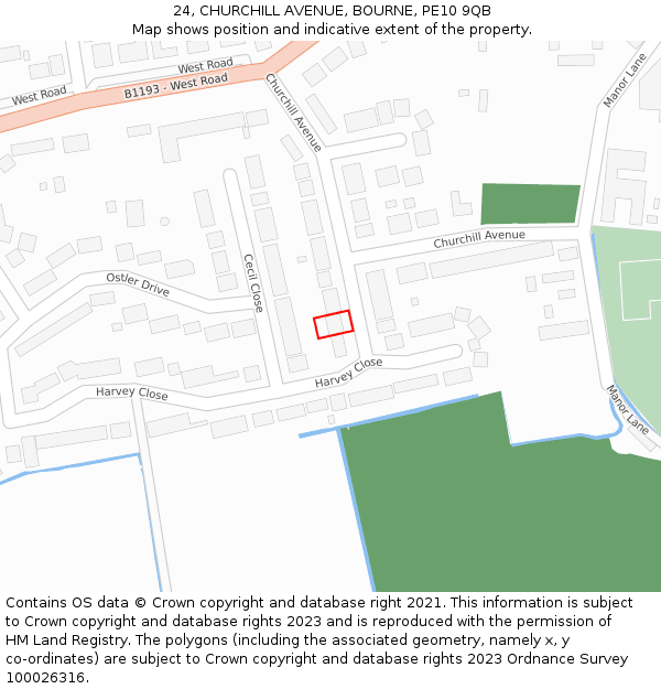 24, CHURCHILL AVENUE, BOURNE, PE10 9QB: Location map and indicative extent of plot