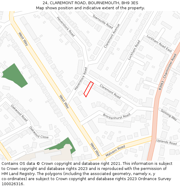 24, CLAREMONT ROAD, BOURNEMOUTH, BH9 3ES: Location map and indicative extent of plot