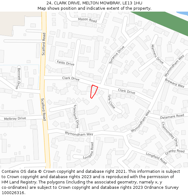 24, CLARK DRIVE, MELTON MOWBRAY, LE13 1HU: Location map and indicative extent of plot