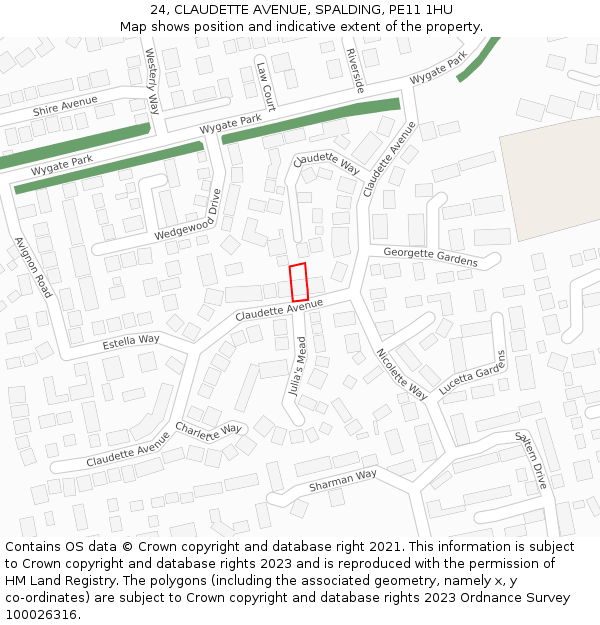 24, CLAUDETTE AVENUE, SPALDING, PE11 1HU: Location map and indicative extent of plot