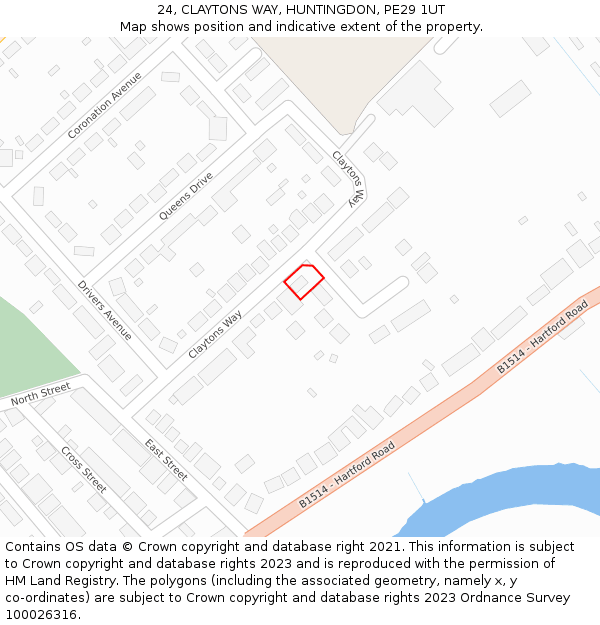 24, CLAYTONS WAY, HUNTINGDON, PE29 1UT: Location map and indicative extent of plot