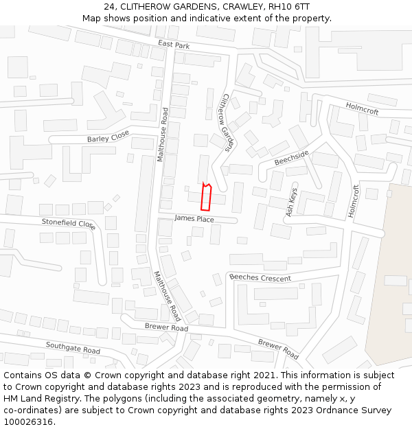 24, CLITHEROW GARDENS, CRAWLEY, RH10 6TT: Location map and indicative extent of plot