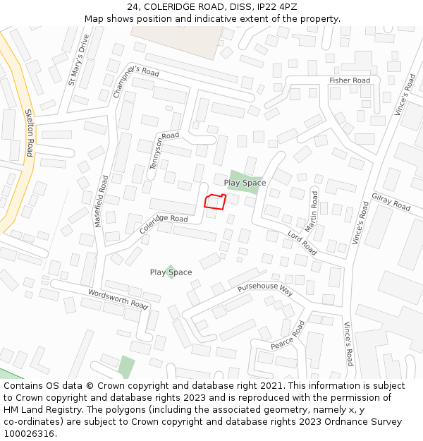 24, COLERIDGE ROAD, DISS, IP22 4PZ: Location map and indicative extent of plot