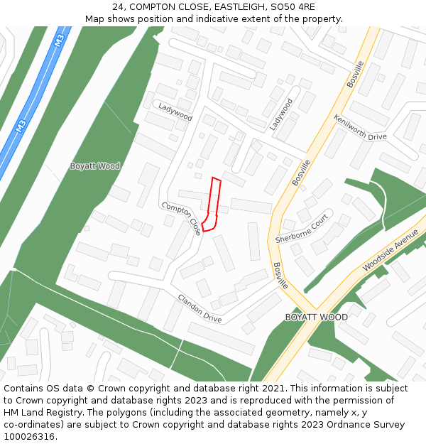 24, COMPTON CLOSE, EASTLEIGH, SO50 4RE: Location map and indicative extent of plot