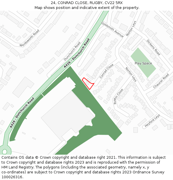 24, CONRAD CLOSE, RUGBY, CV22 5RX: Location map and indicative extent of plot