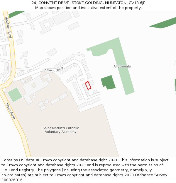 24, CONVENT DRIVE, STOKE GOLDING, NUNEATON, CV13 6JF: Location map and indicative extent of plot