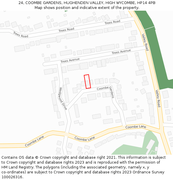 24, COOMBE GARDENS, HUGHENDEN VALLEY, HIGH WYCOMBE, HP14 4PB: Location map and indicative extent of plot