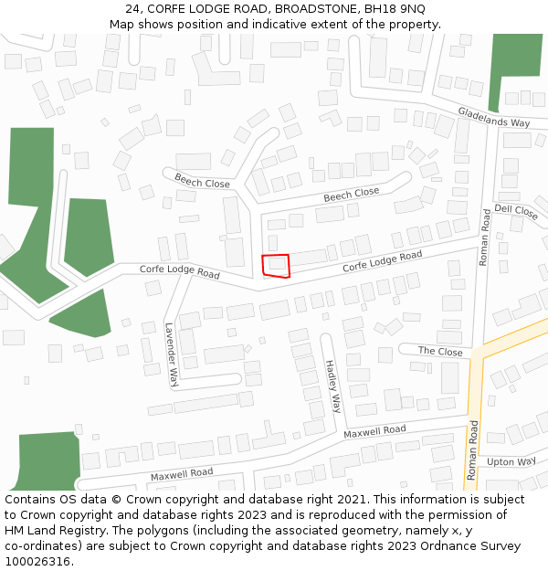 24, CORFE LODGE ROAD, BROADSTONE, BH18 9NQ: Location map and indicative extent of plot