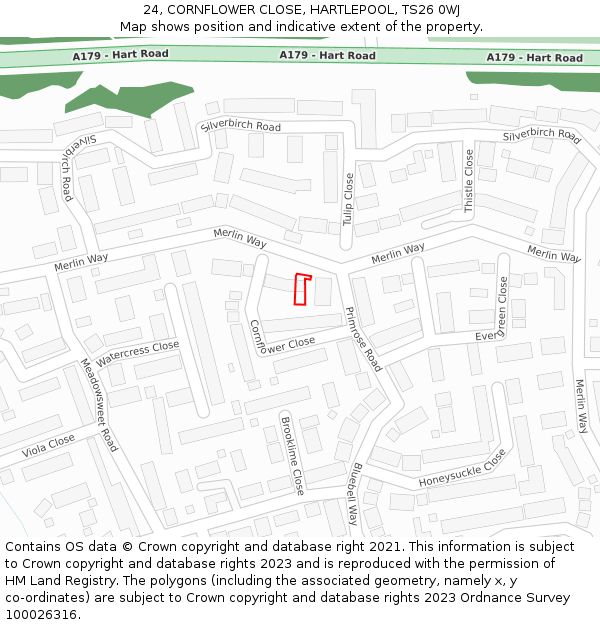 24, CORNFLOWER CLOSE, HARTLEPOOL, TS26 0WJ: Location map and indicative extent of plot