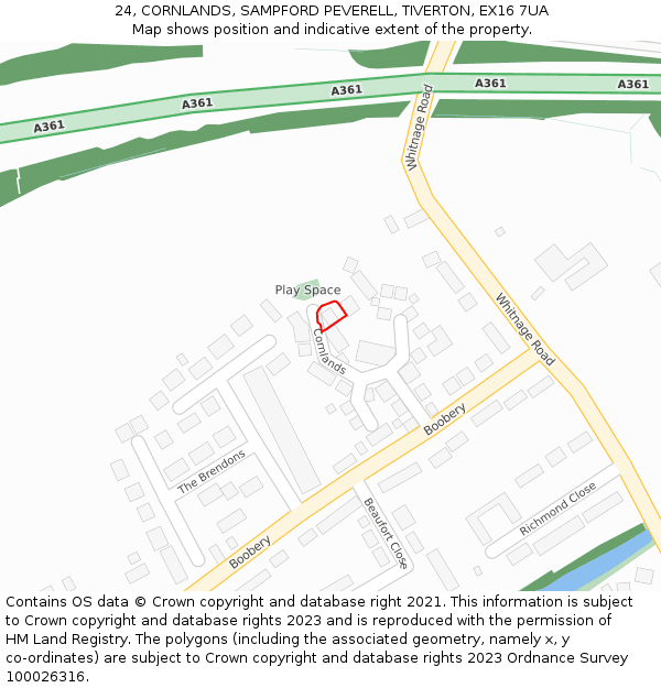 24, CORNLANDS, SAMPFORD PEVERELL, TIVERTON, EX16 7UA: Location map and indicative extent of plot