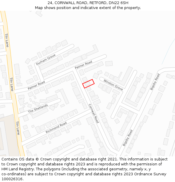 24, CORNWALL ROAD, RETFORD, DN22 6SH: Location map and indicative extent of plot