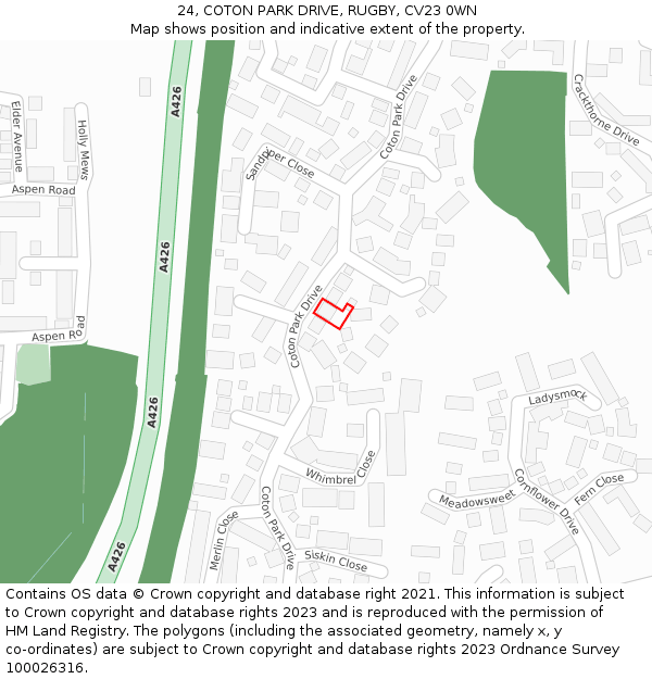 24, COTON PARK DRIVE, RUGBY, CV23 0WN: Location map and indicative extent of plot