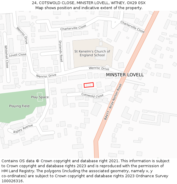 24, COTSWOLD CLOSE, MINSTER LOVELL, WITNEY, OX29 0SX: Location map and indicative extent of plot