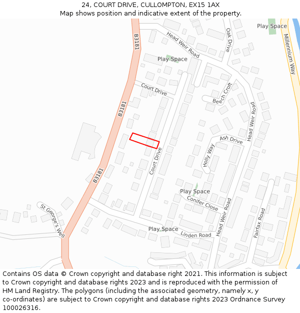 24, COURT DRIVE, CULLOMPTON, EX15 1AX: Location map and indicative extent of plot