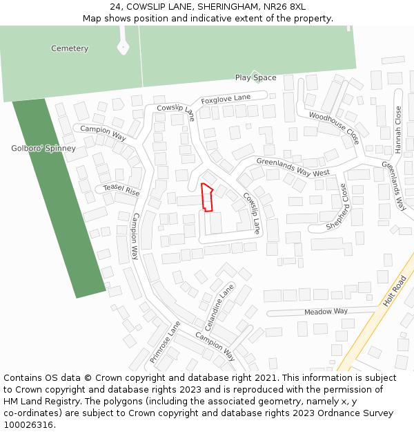 24, COWSLIP LANE, SHERINGHAM, NR26 8XL: Location map and indicative extent of plot